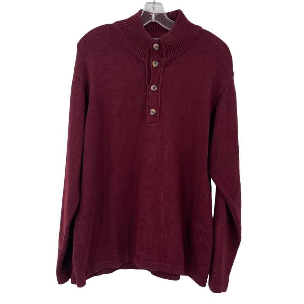 Oscar de la Renta Sweater Mens XL Burgundy Mock Neck Quarter Button Cotton Blend